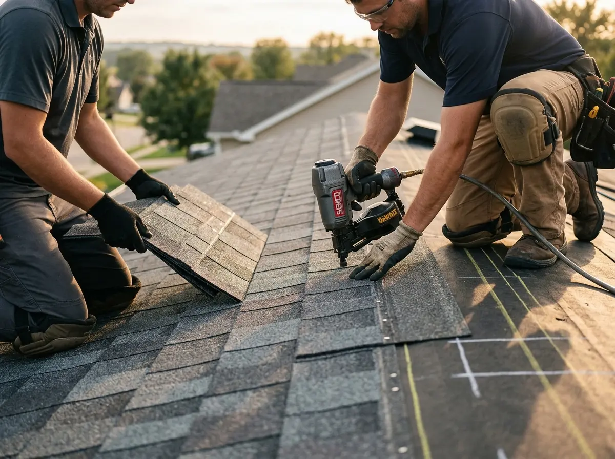 Professional roofer working on a residential roof in Trumann